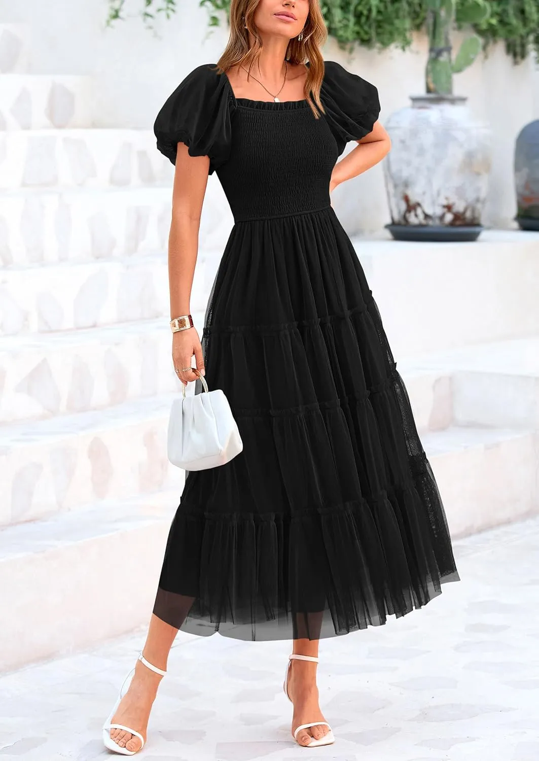 PRETTYGARDEN Women's Smocked Midi Tulle Dress 2025 Summer Puffy Short Sleeve Square Neck Ruffle Wedding Guest Party Dresses