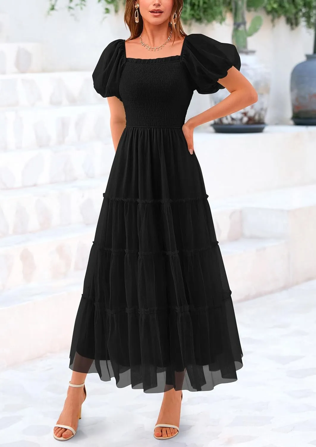 PRETTYGARDEN Women's Smocked Midi Tulle Dress 2025 Summer Puffy Short Sleeve Square Neck Ruffle Wedding Guest Party Dresses