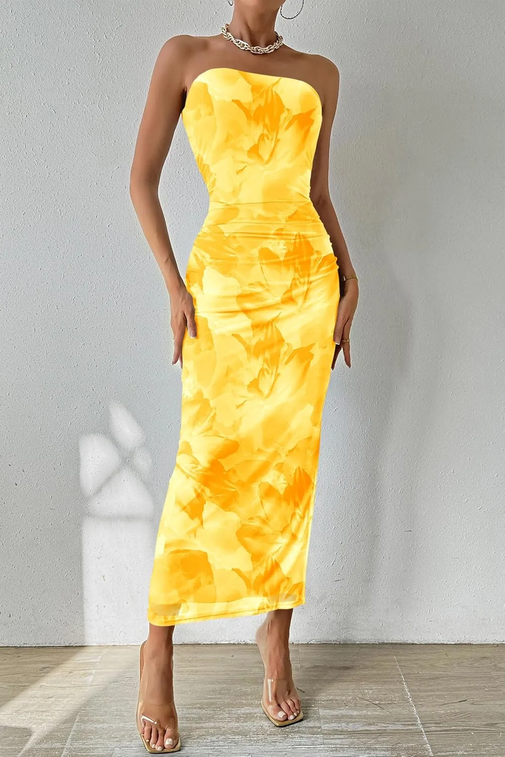 PRETTYGARDEN Women's Summer Maxi Bodycon Dresses Strapless Tube Top Slit Floral Printed Party Club Long Dress
