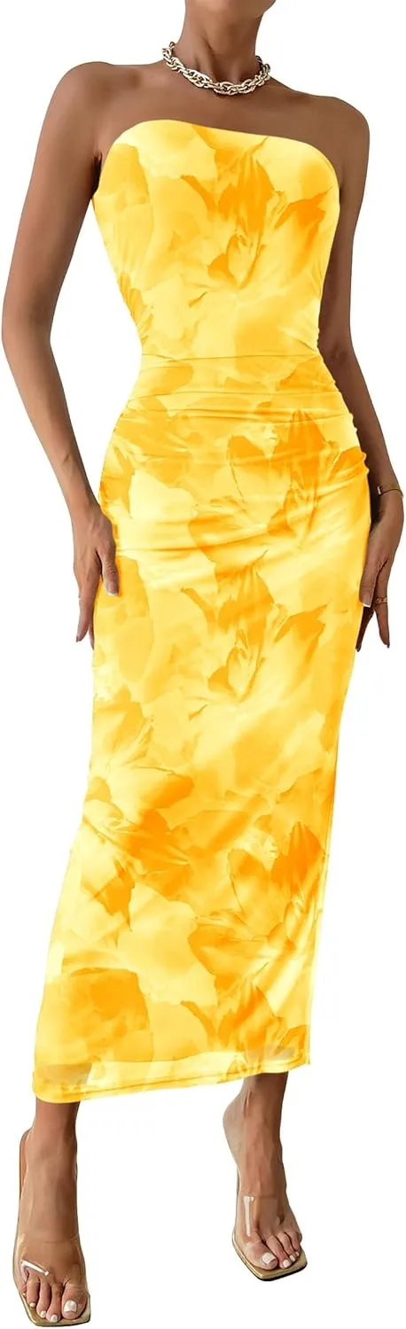 PRETTYGARDEN Women's Summer Maxi Bodycon Dresses Strapless Tube Top Slit Floral Printed Party Club Long Dress