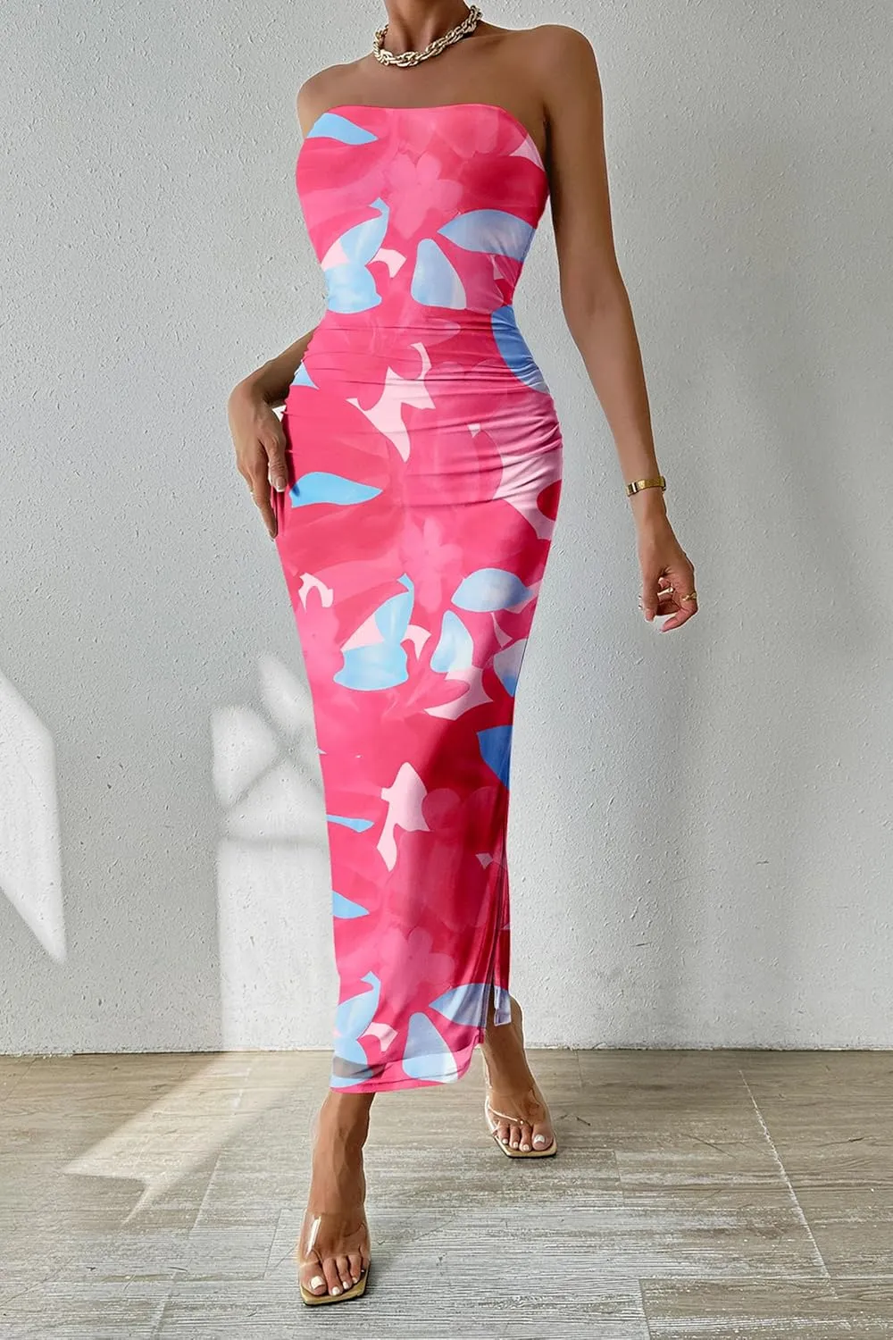 PRETTYGARDEN Women's Summer Maxi Bodycon Dresses Strapless Tube Top Slit Floral Printed Party Club Long Dress