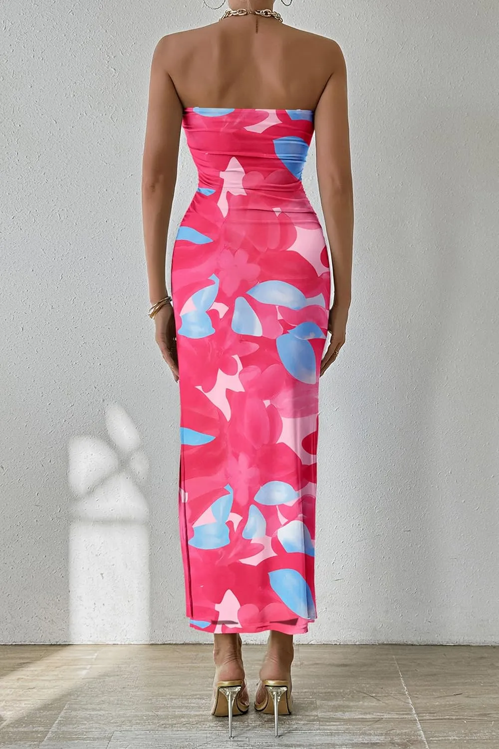 PRETTYGARDEN Women's Summer Maxi Bodycon Dresses Strapless Tube Top Slit Floral Printed Party Club Long Dress