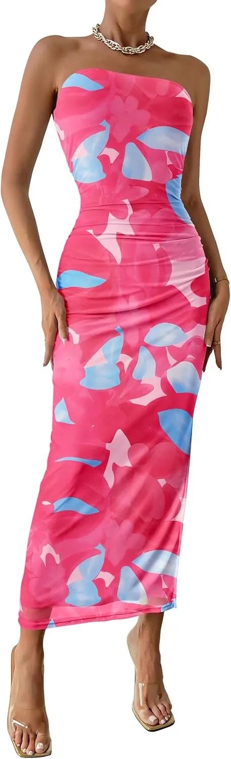 PRETTYGARDEN Women's Summer Maxi Bodycon Dresses Strapless Tube Top Slit Floral Printed Party Club Long Dress