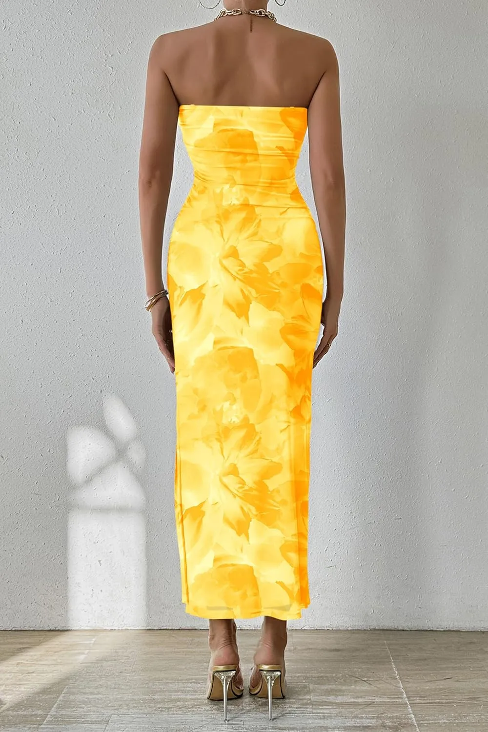PRETTYGARDEN Women's Summer Maxi Bodycon Dresses Strapless Tube Top Slit Floral Printed Party Club Long Dress