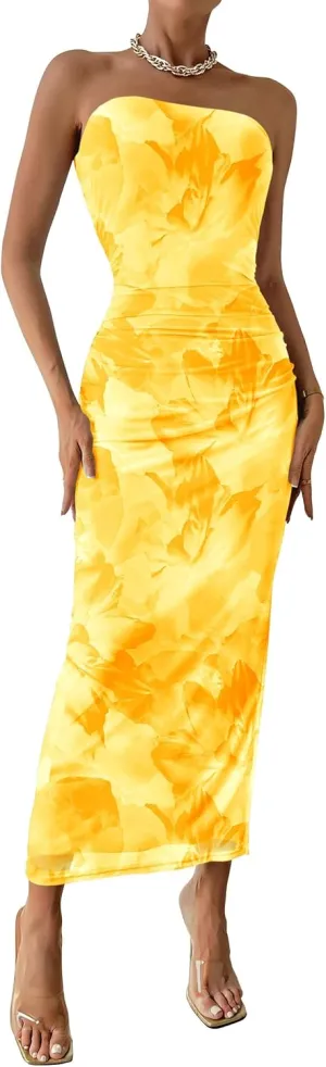 PRETTYGARDEN Women's Summer Maxi Bodycon Dresses Strapless Tube Top Slit Floral Printed Party Club Long Dress