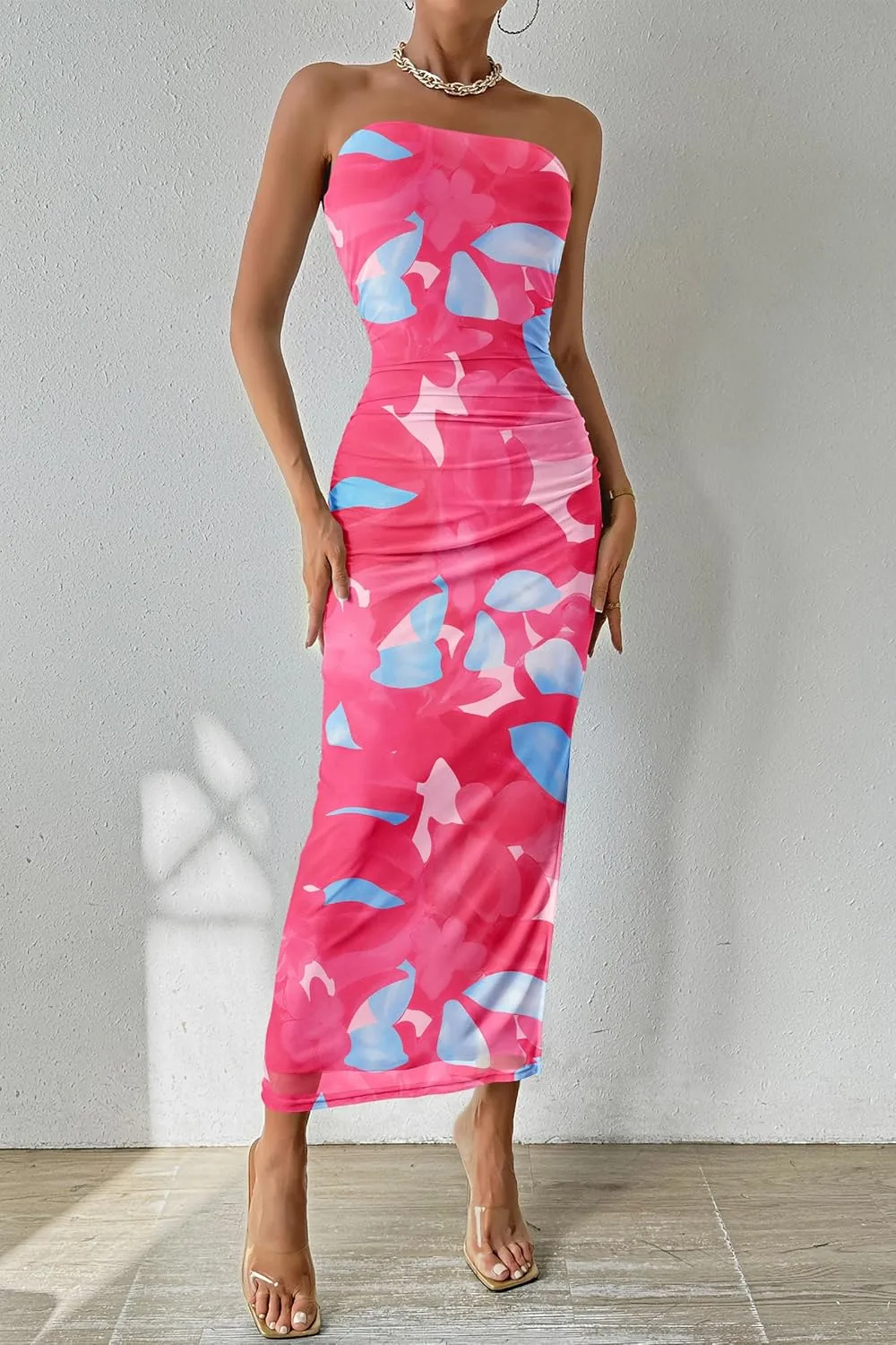 PRETTYGARDEN Women's Summer Maxi Bodycon Dresses Strapless Tube Top Slit Floral Printed Party Club Long Dress