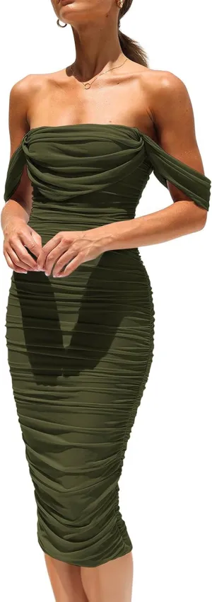 PRETTYGARDEN Women's Summer Off The Shoulder Dresses Sleeveless Ruched Fitted Cocktail Party Club Midi Bodycon Dress