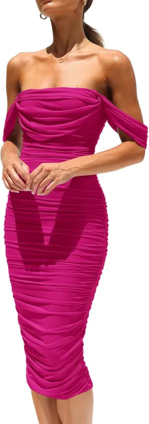 PRETTYGARDEN Women's Summer Off The Shoulder Dresses Sleeveless Ruched Fitted Cocktail Party Club Midi Bodycon Dress