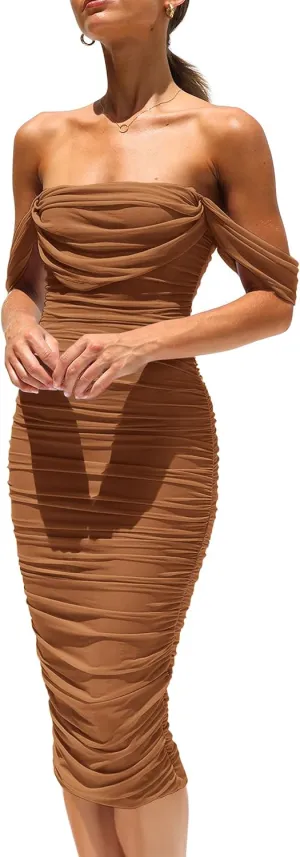 PRETTYGARDEN Women's Summer Off The Shoulder Dresses Sleeveless Ruched Fitted Cocktail Party Club Midi Bodycon Dress