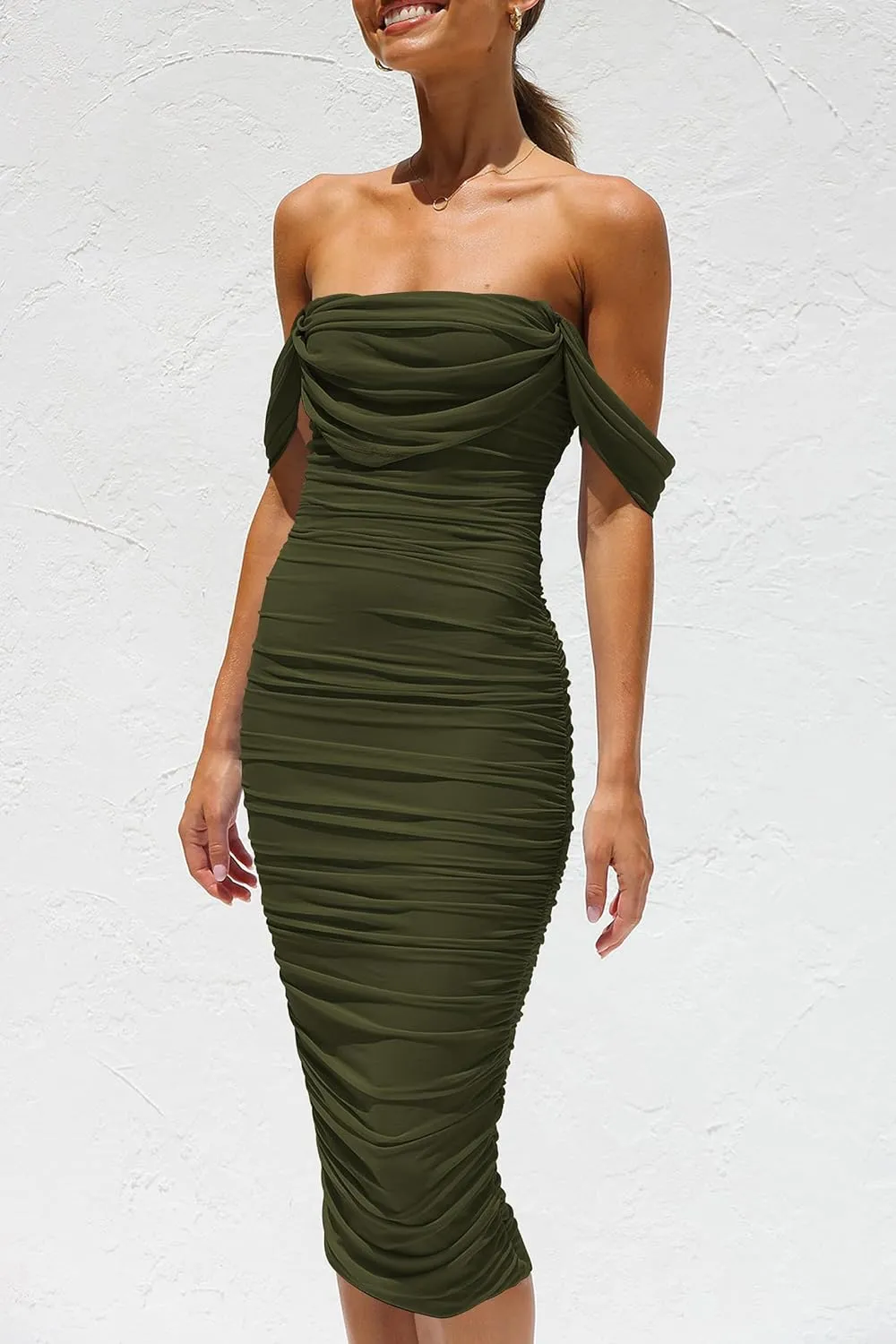 PRETTYGARDEN Women's Summer Off The Shoulder Dresses Sleeveless Ruched Fitted Cocktail Party Club Midi Bodycon Dress
