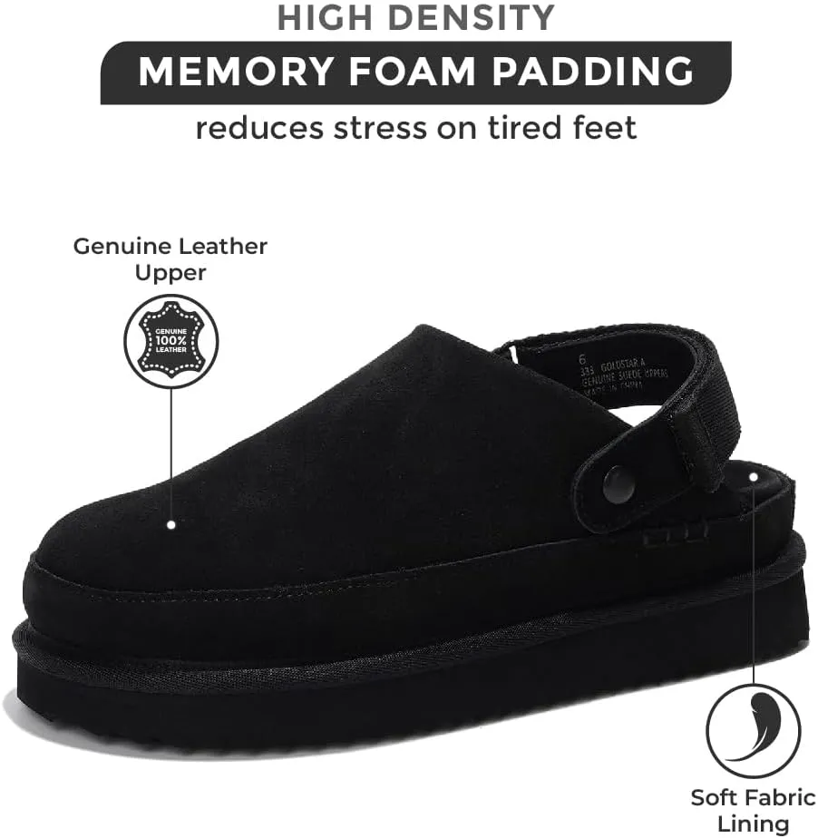 Project Cloud Genuine Suede Clogs for Women - Memory Foam Womens Clogs & Mules with Adjustable Straps - Lightweight Platform Shoes Non-Slip Slides (Goldstar)