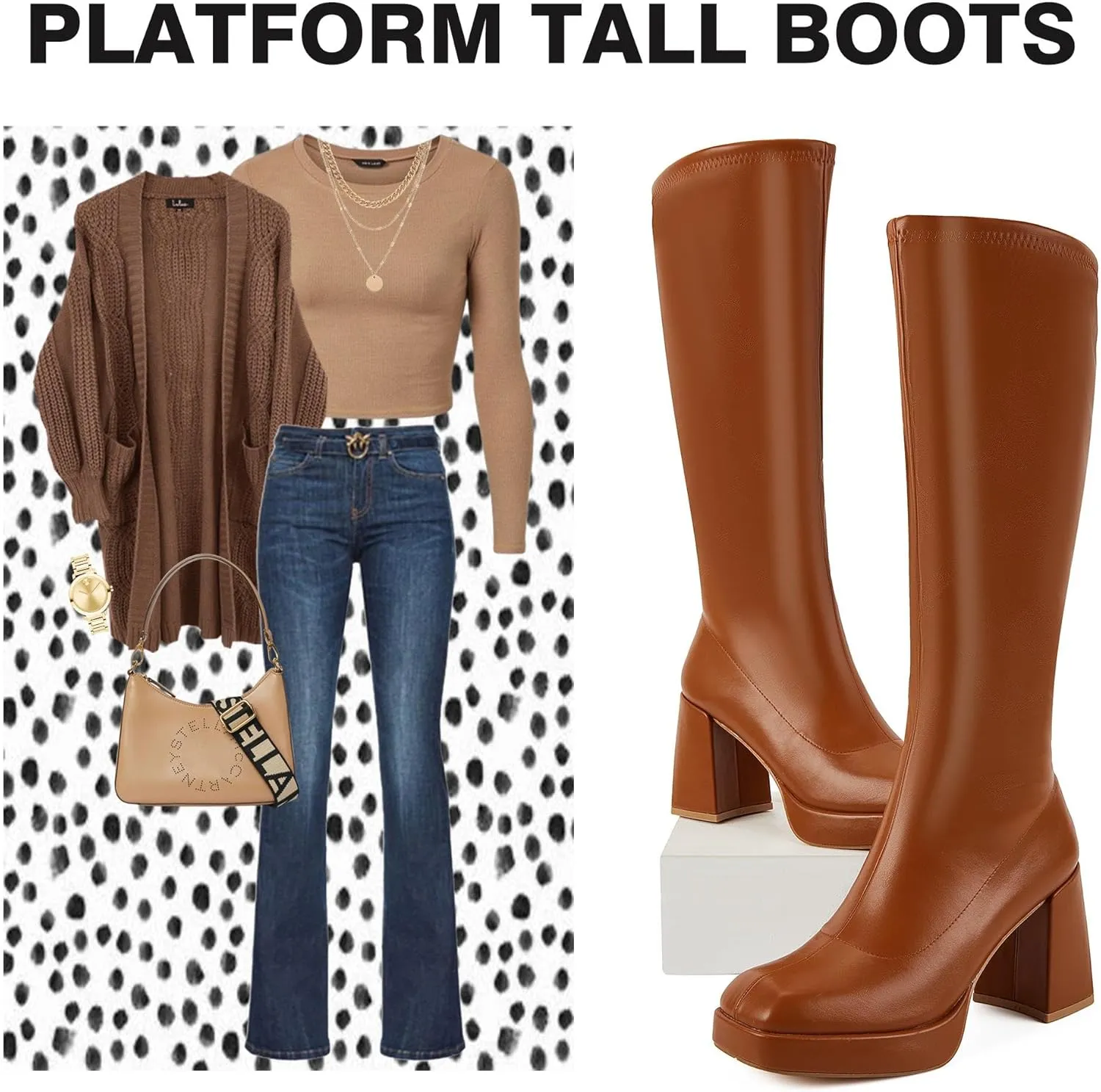 Putu Platform Knee High Boots for Women GoGo Boots with Square Toe Chunky Block Tall Boots