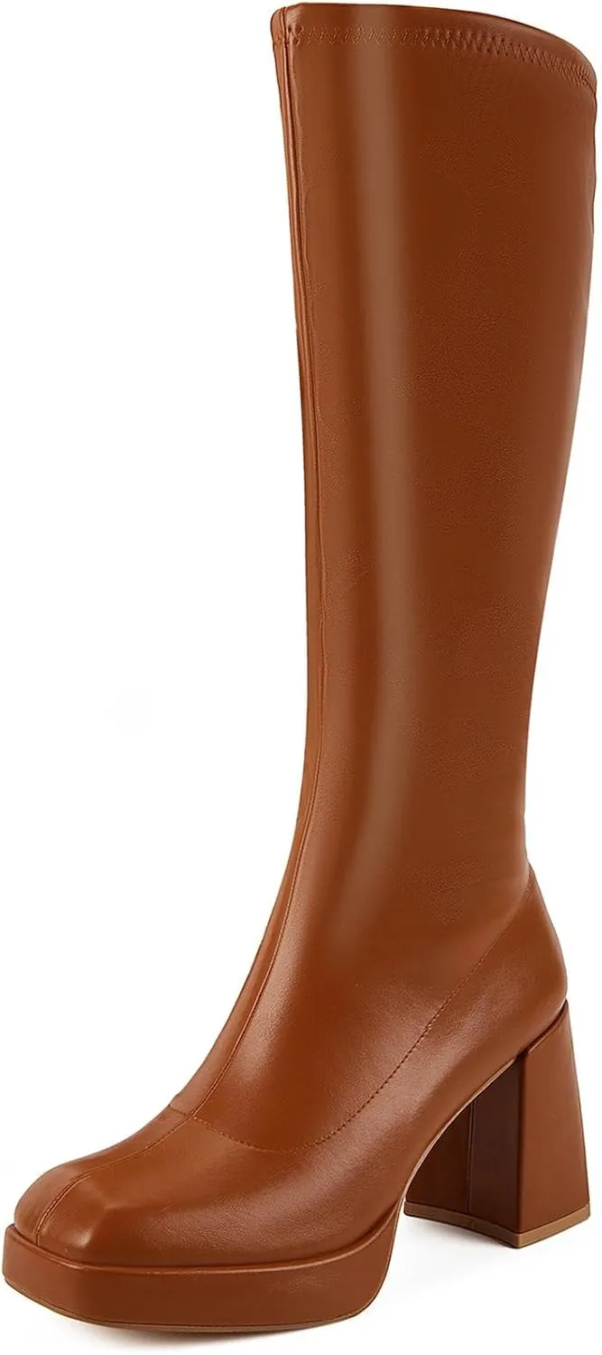 Putu Platform Knee High Boots for Women GoGo Boots with Square Toe Chunky Block Tall Boots