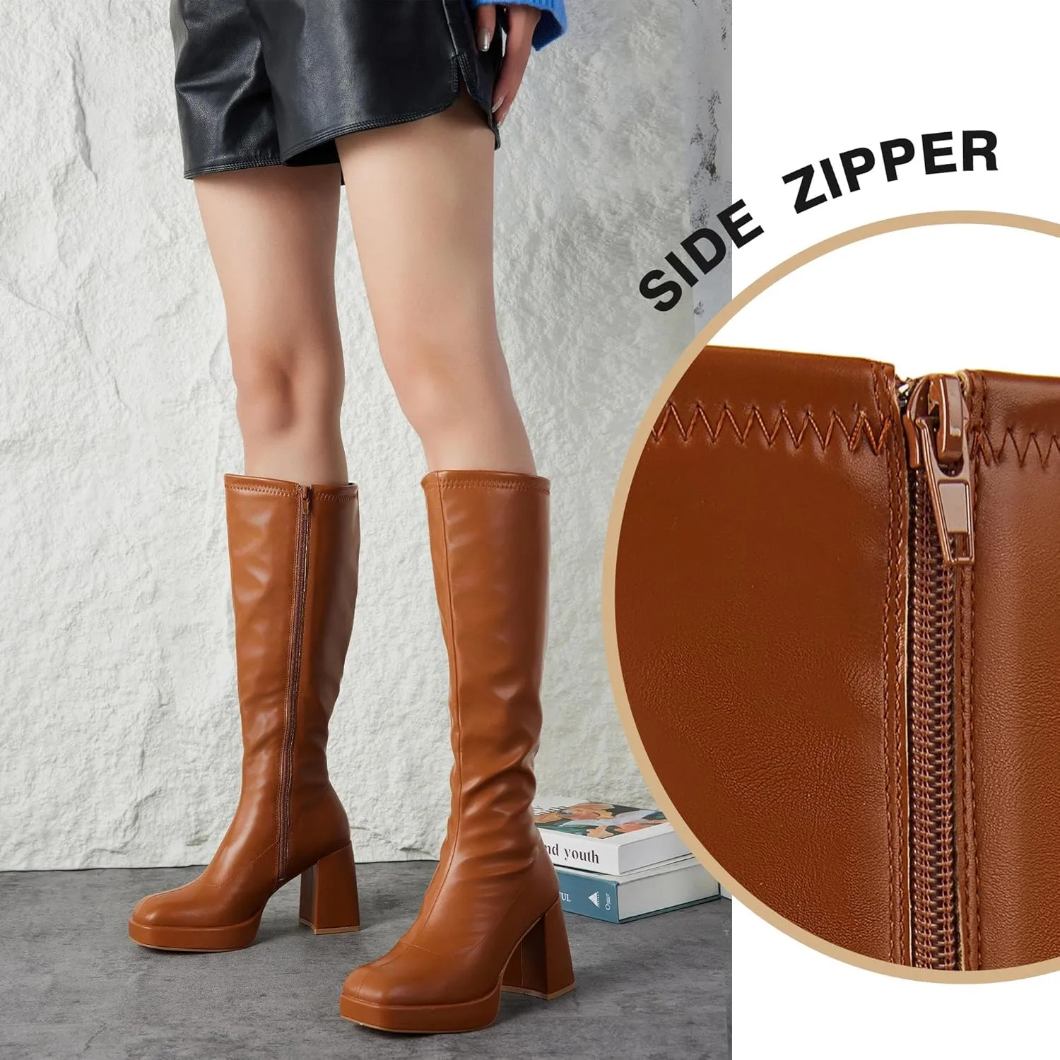 Putu Platform Knee High Boots for Women GoGo Boots with Square Toe Chunky Block Tall Boots