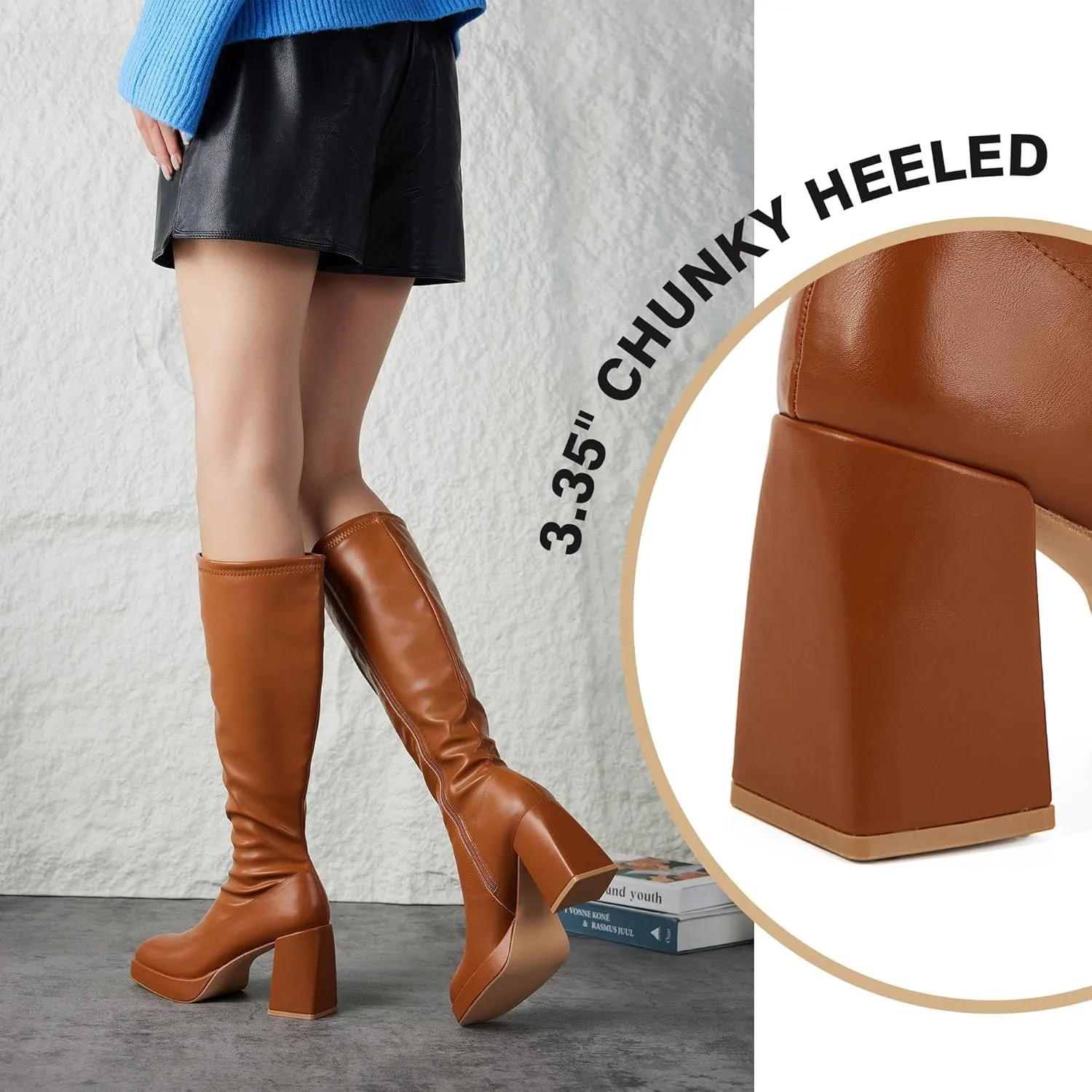 Putu Platform Knee High Boots for Women GoGo Boots with Square Toe Chunky Block Tall Boots