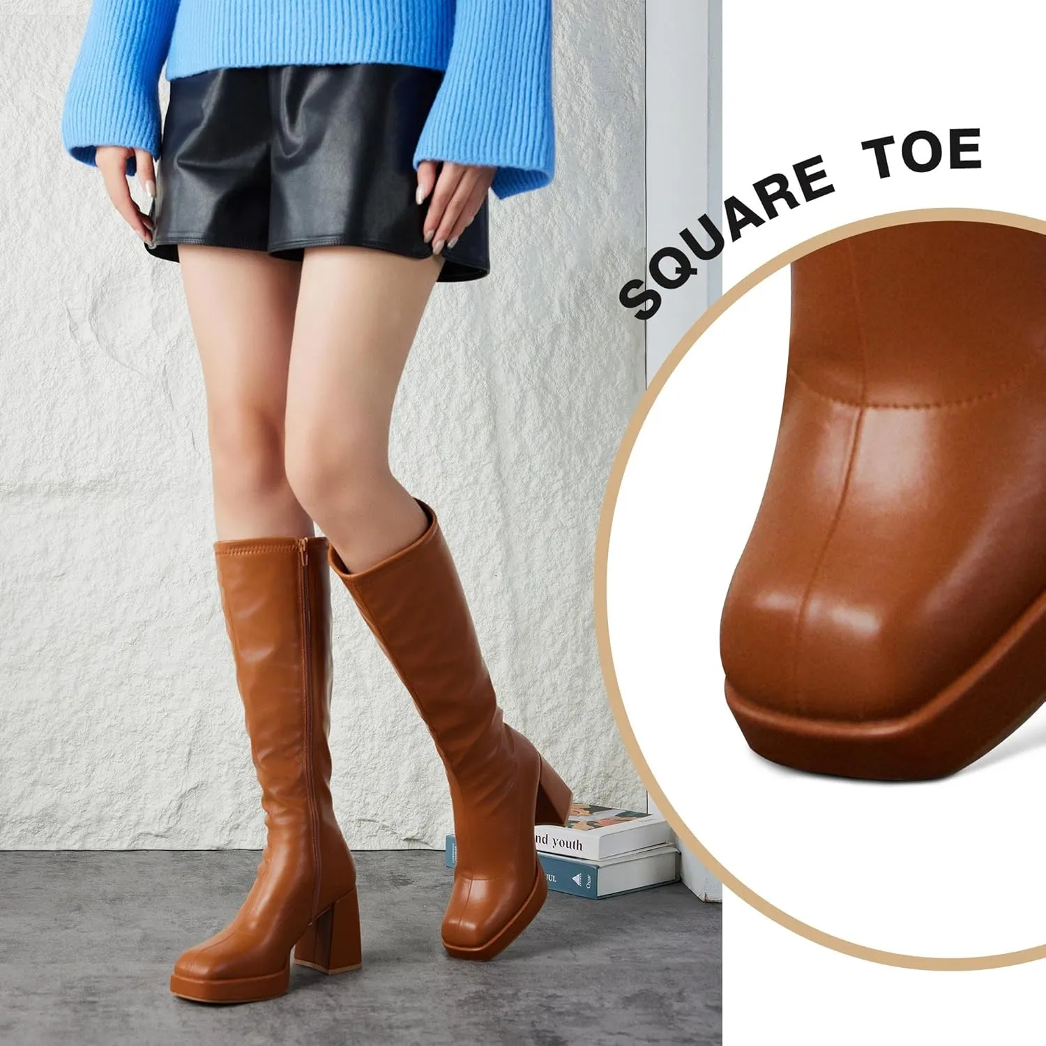 Putu Platform Knee High Boots for Women GoGo Boots with Square Toe Chunky Block Tall Boots