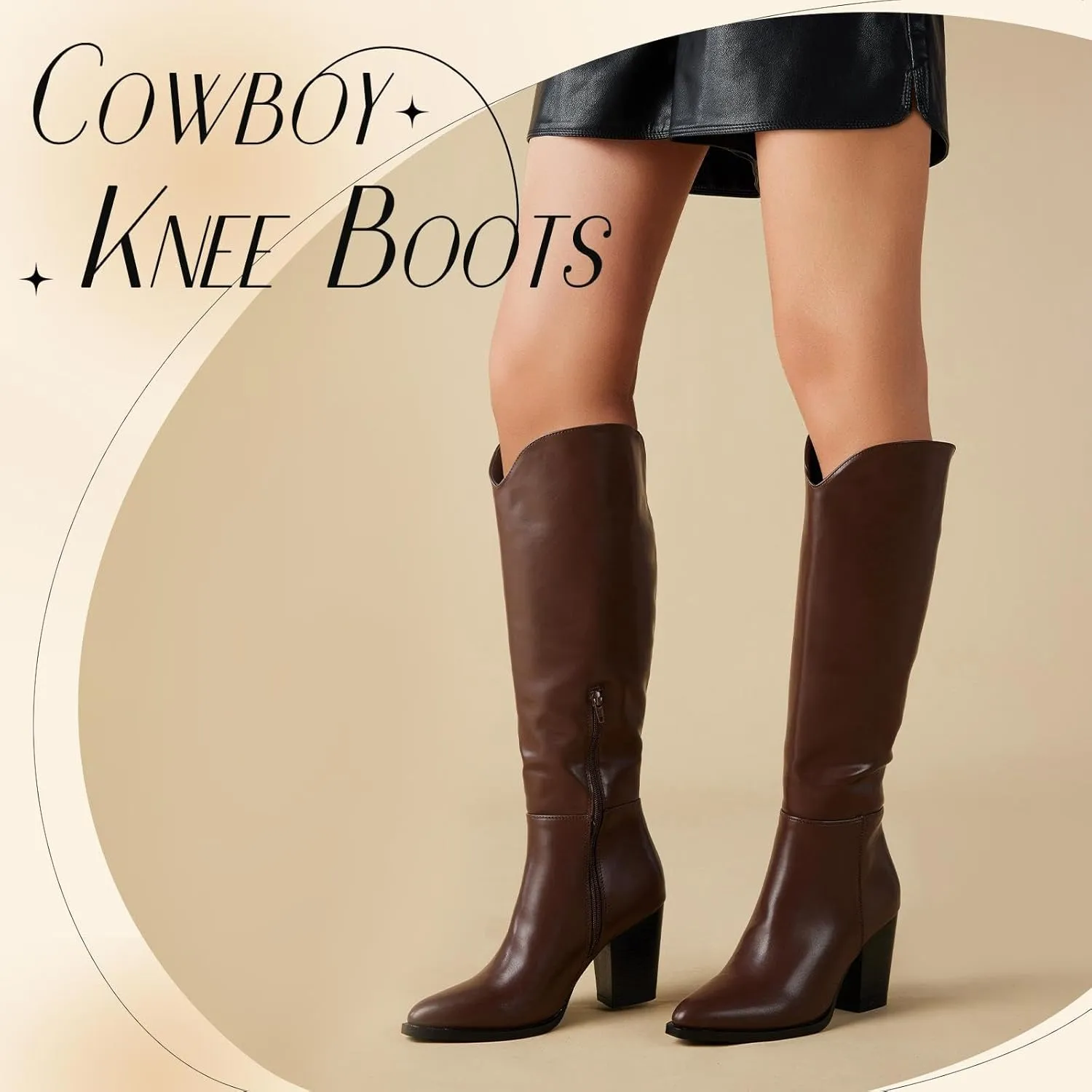 Putu Women's Knee High Boots High Heel Western Boots Pointed Toe Tall Boots Faux Leather