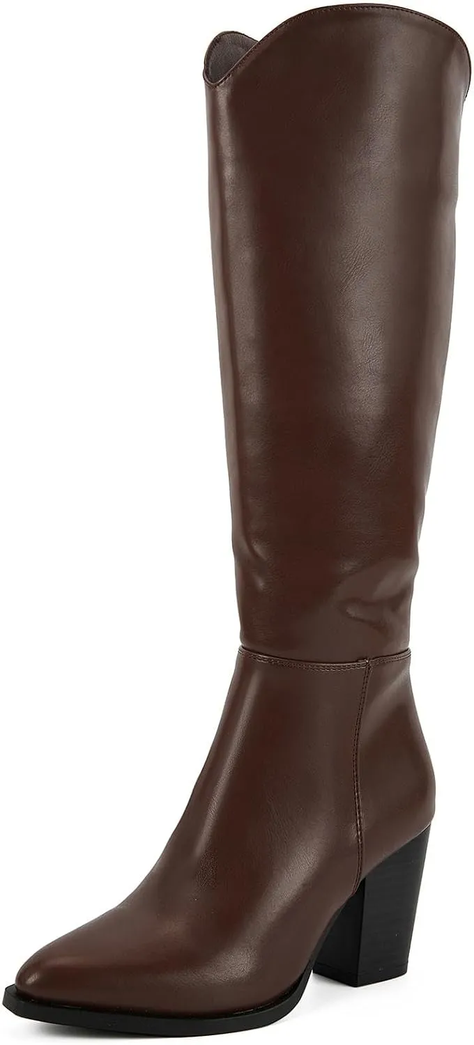 Putu Women's Knee High Boots High Heel Western Boots Pointed Toe Tall Boots Faux Leather