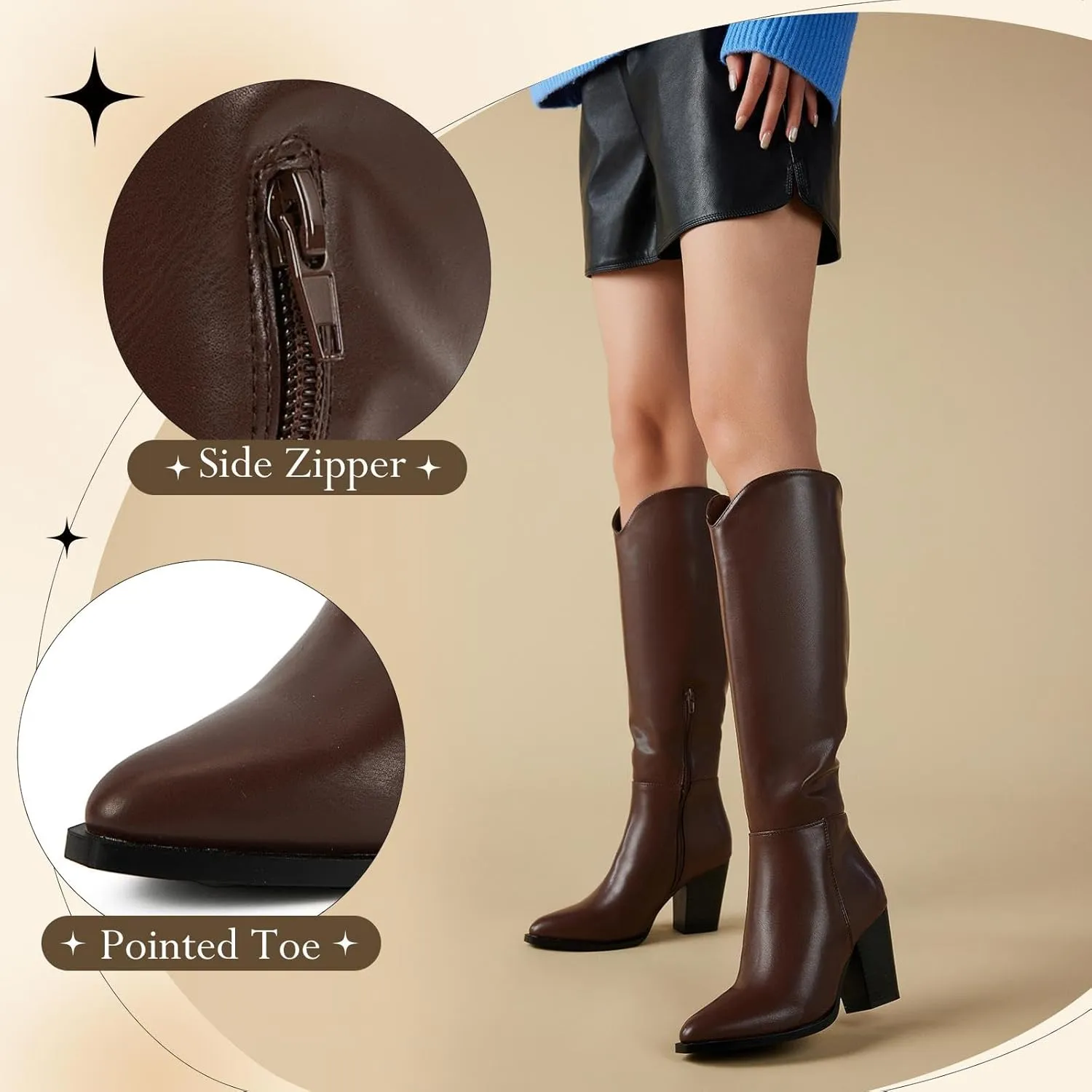 Putu Women's Knee High Boots High Heel Western Boots Pointed Toe Tall Boots Faux Leather