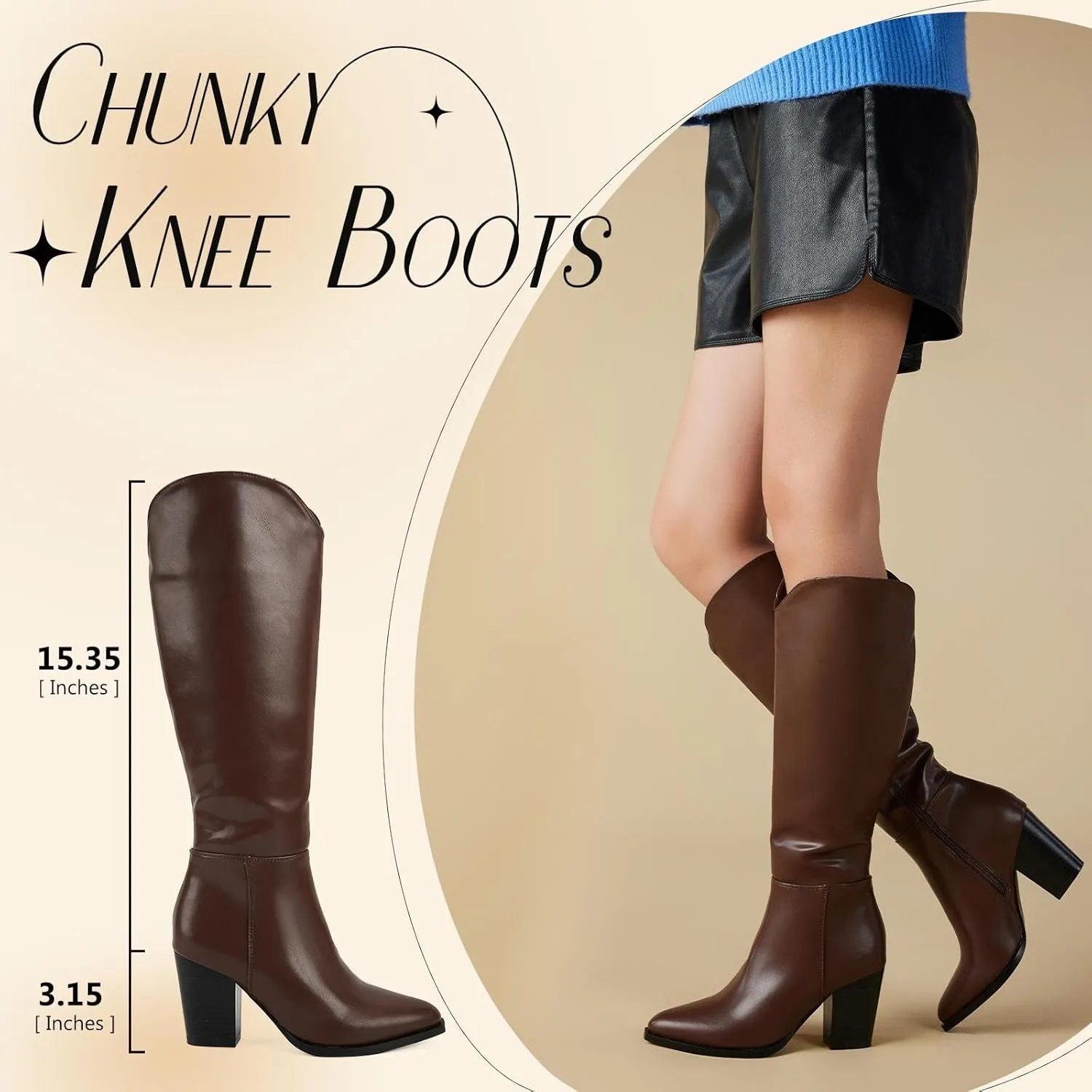 Putu Women's Knee High Boots High Heel Western Boots Pointed Toe Tall Boots Faux Leather