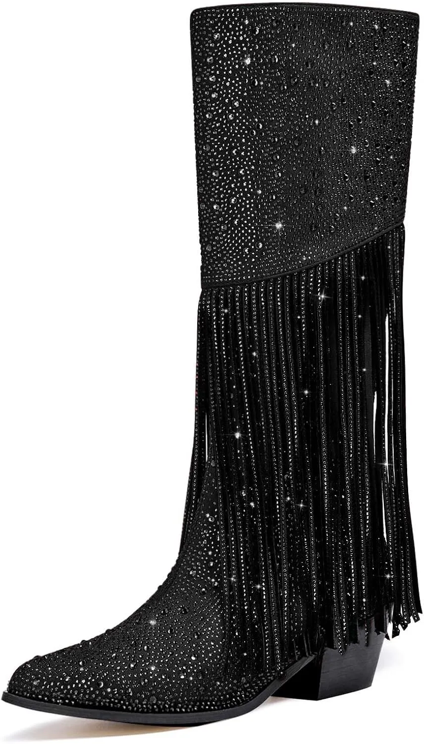 Rhinestone Cowboy Boots Fringe Knee High Cowgirl Boots Sparkly Cowboy Boots Glitter Sparkle Cowgirl Boots