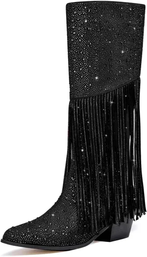 Rhinestone Cowboy Boots Fringe Knee High Cowgirl Boots Sparkly Cowboy Boots Glitter Sparkle Cowgirl Boots