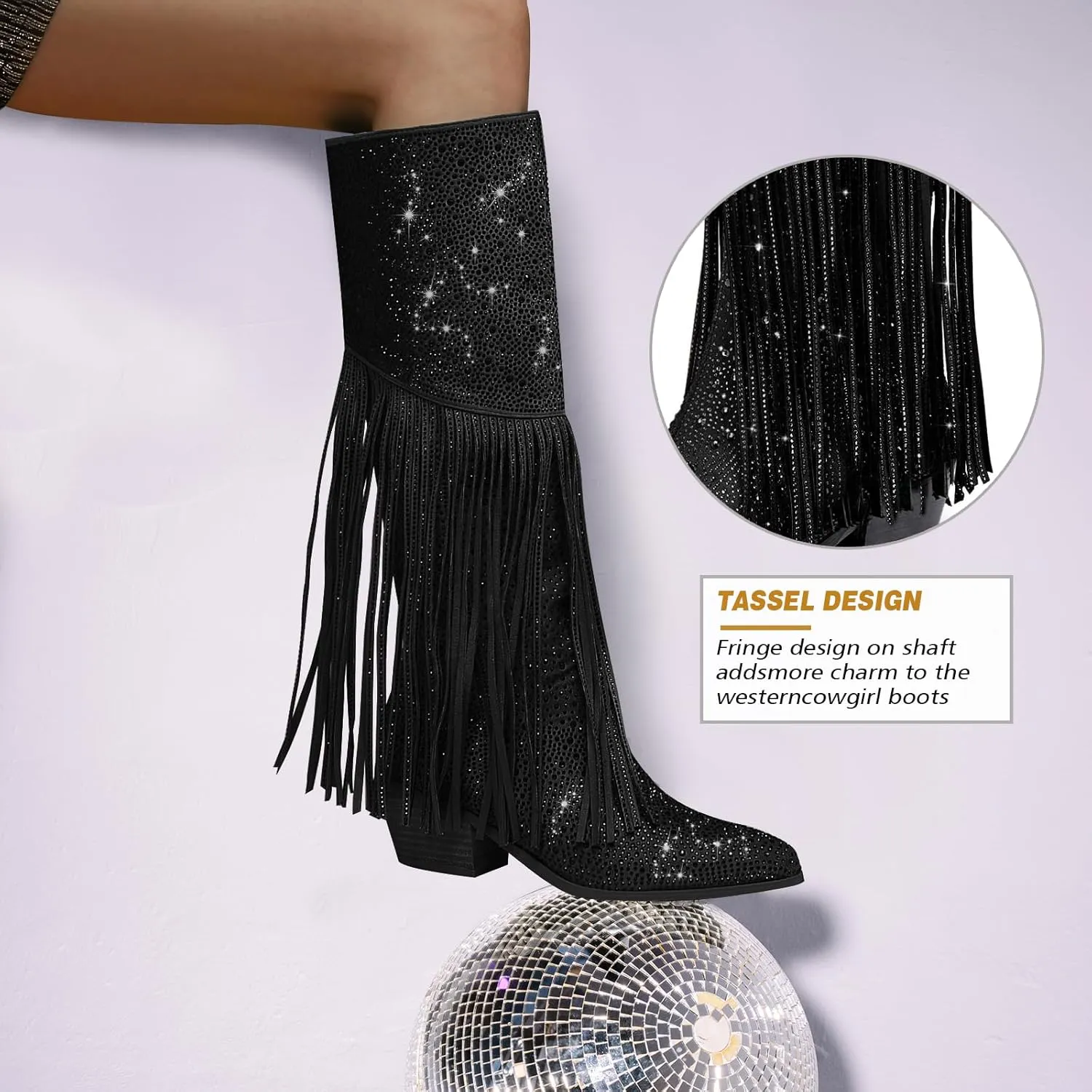 Rhinestone Cowboy Boots Fringe Knee High Cowgirl Boots Sparkly Cowboy Boots Glitter Sparkle Cowgirl Boots