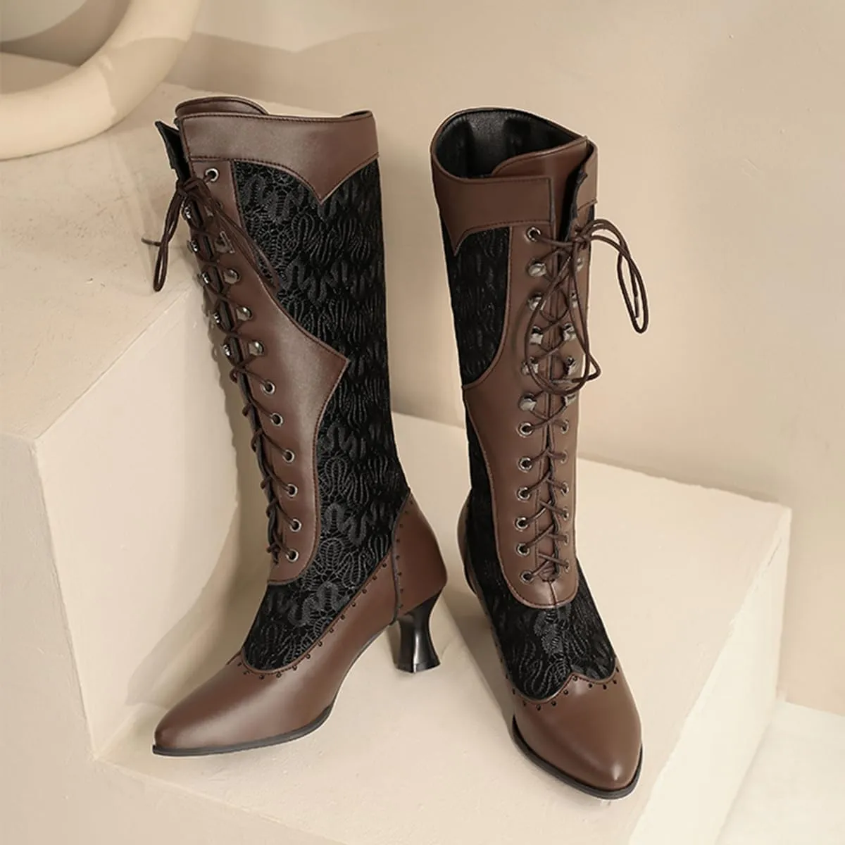 Roimaash Vintage Victorian Knee Boots Cone Heels