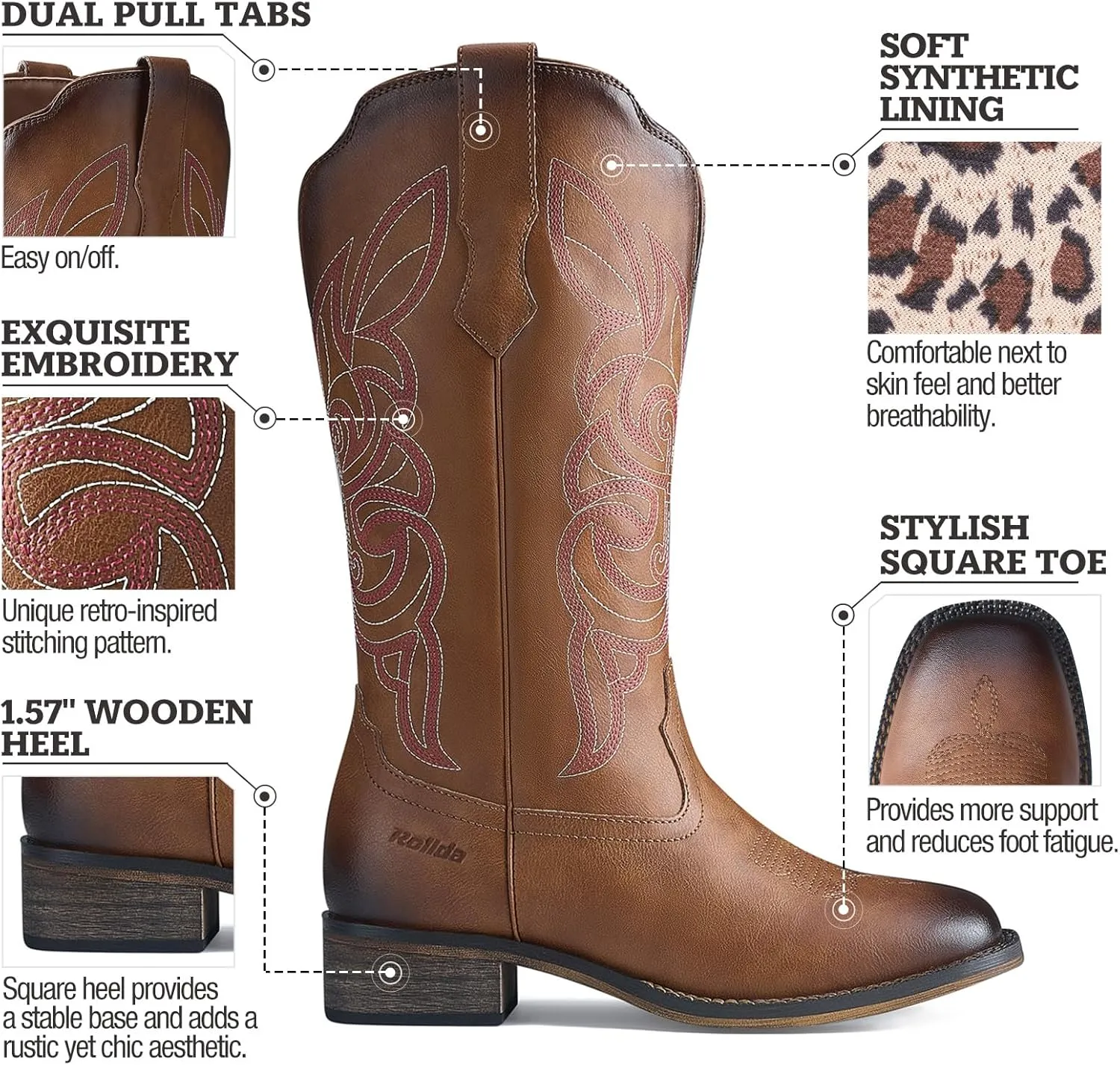 Rollda Cowgirl Boots Cowboy Boots for Women Square Toe Mid Calf Western Boots Ladies Fashion Boots with Chunky Heel