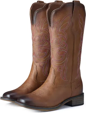 Rollda Cowgirl Boots Cowboy Boots for Women Square Toe Mid Calf Western Boots Ladies Fashion Boots with Chunky Heel