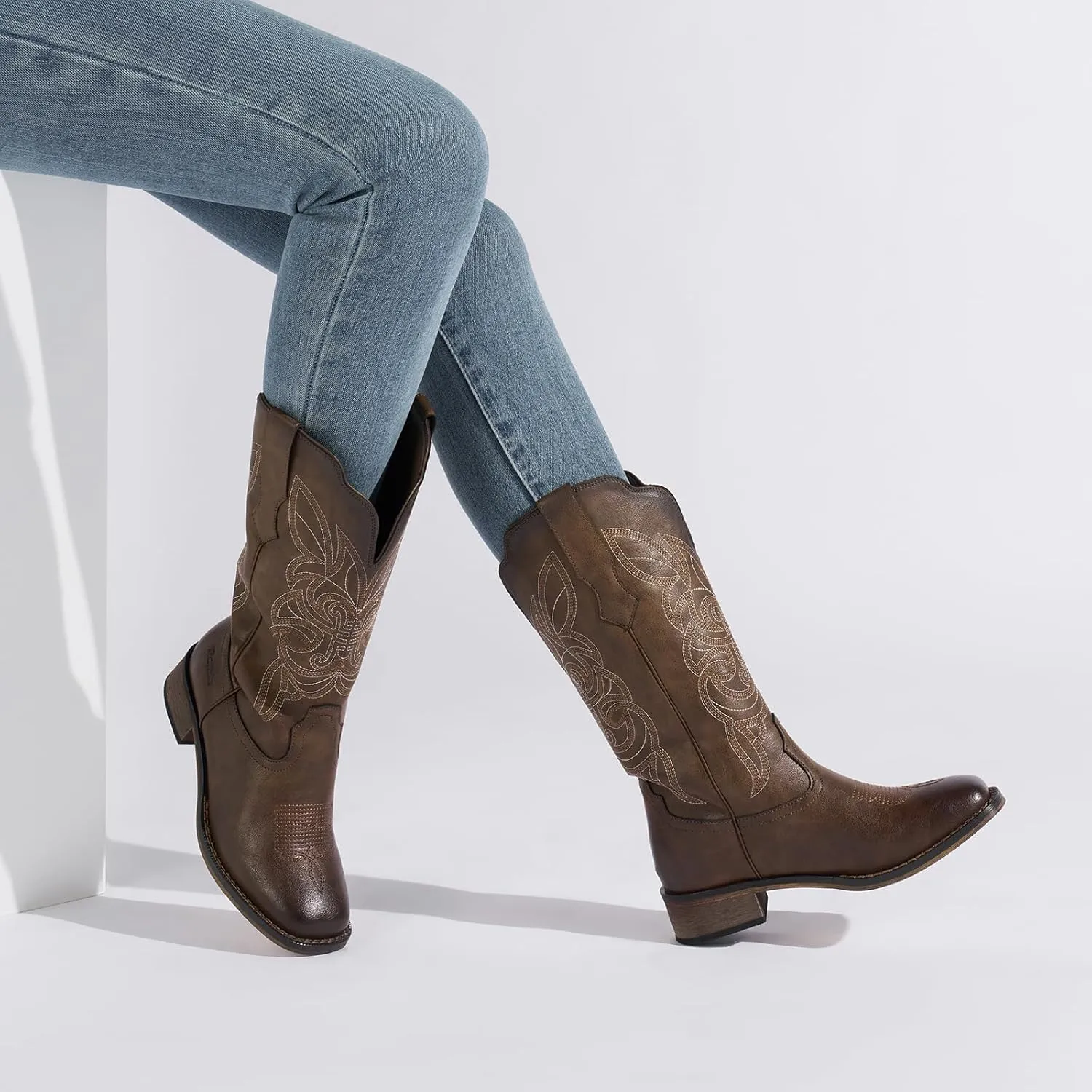 Rollda Cowgirl Boots Cowboy Boots for Women Square Toe Mid Calf Western Boots Ladies Fashion Boots with Chunky Heel