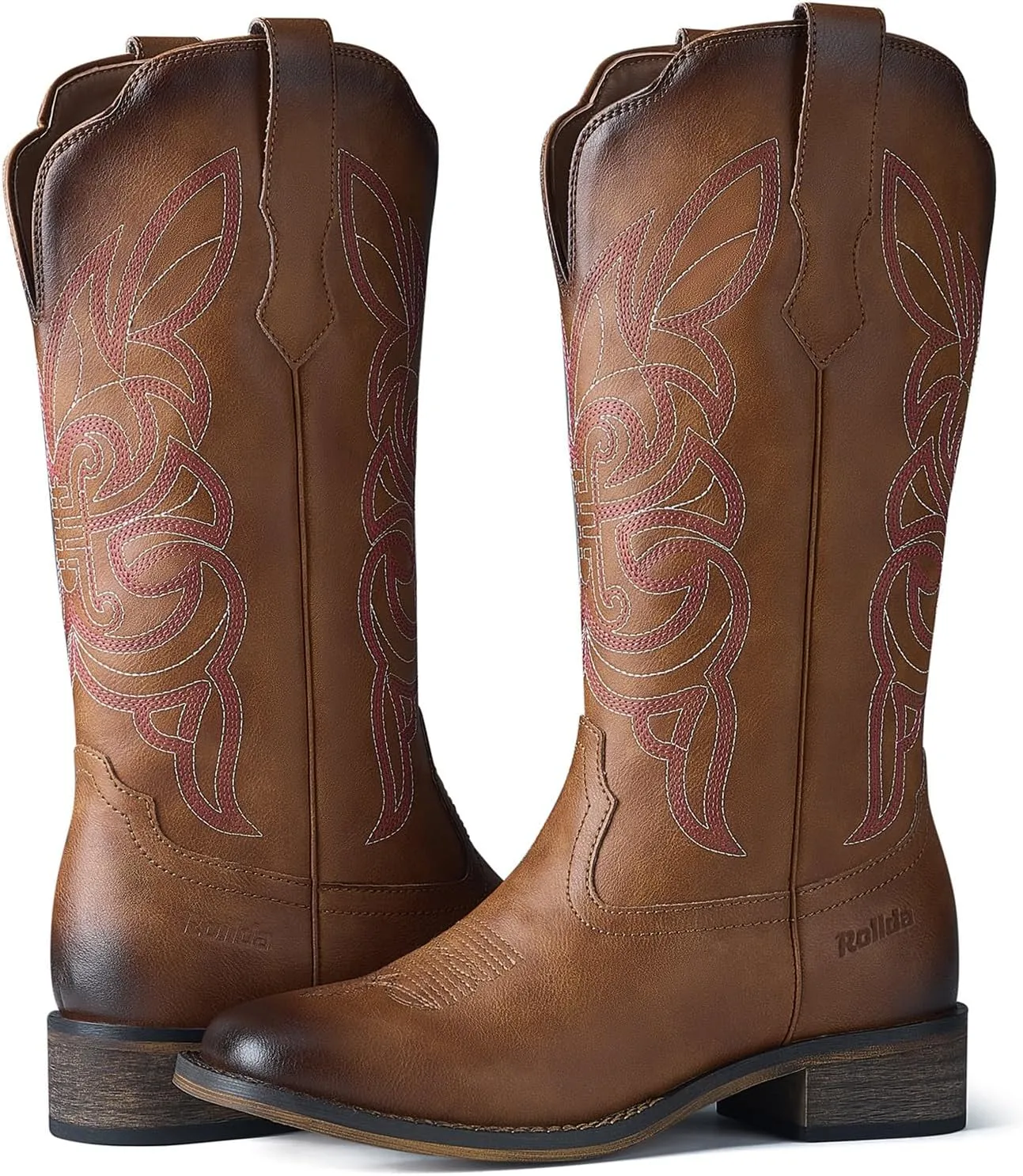 Rollda Cowgirl Boots Cowboy Boots for Women Square Toe Mid Calf Western Boots Ladies Fashion Boots with Chunky Heel