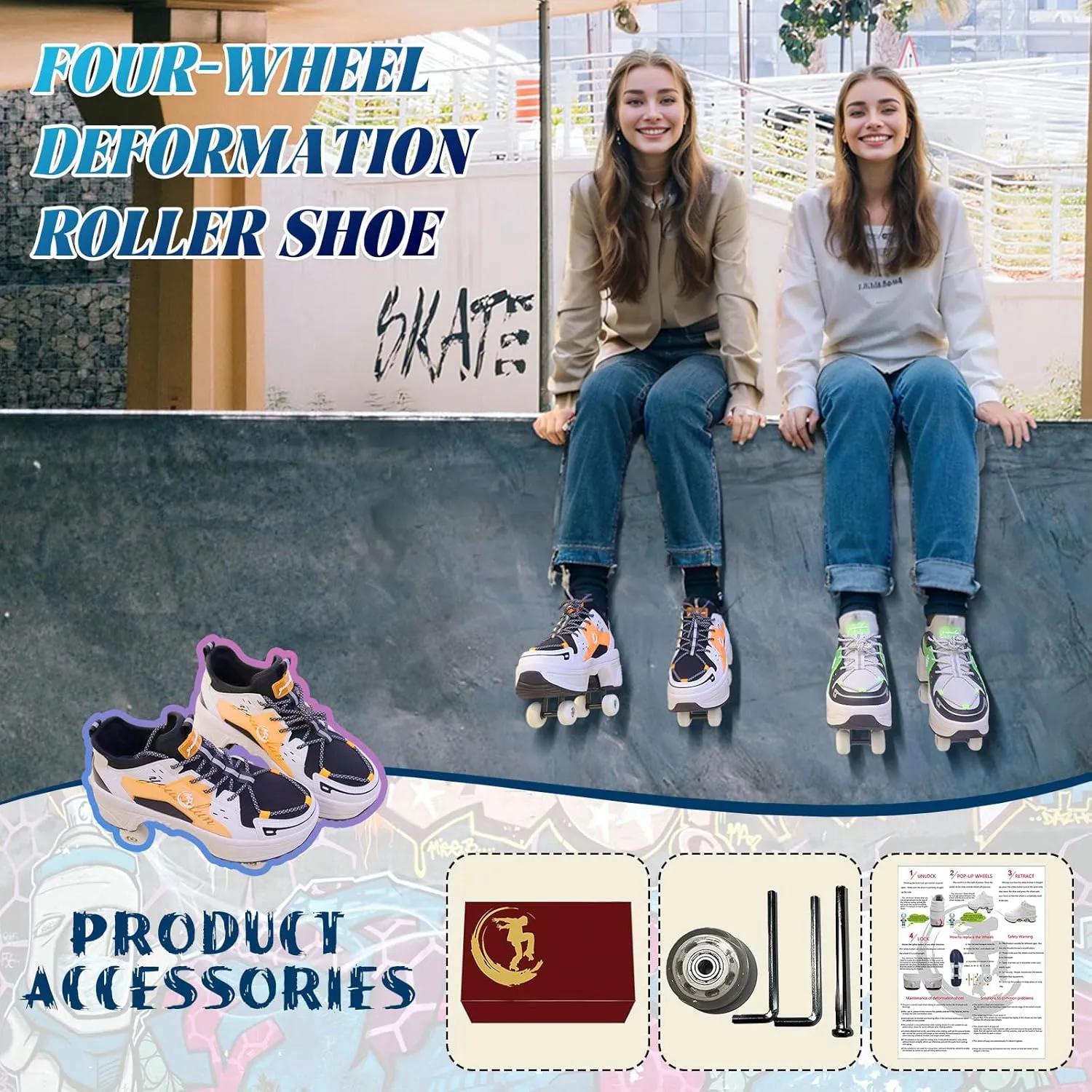 Roller Skate Shoes for Women Four Rounds Children's Roller Skates Shoes That Turn into Rollerskates Sneakers Outdoor Light Shoes with Wheels for Girls/Boys