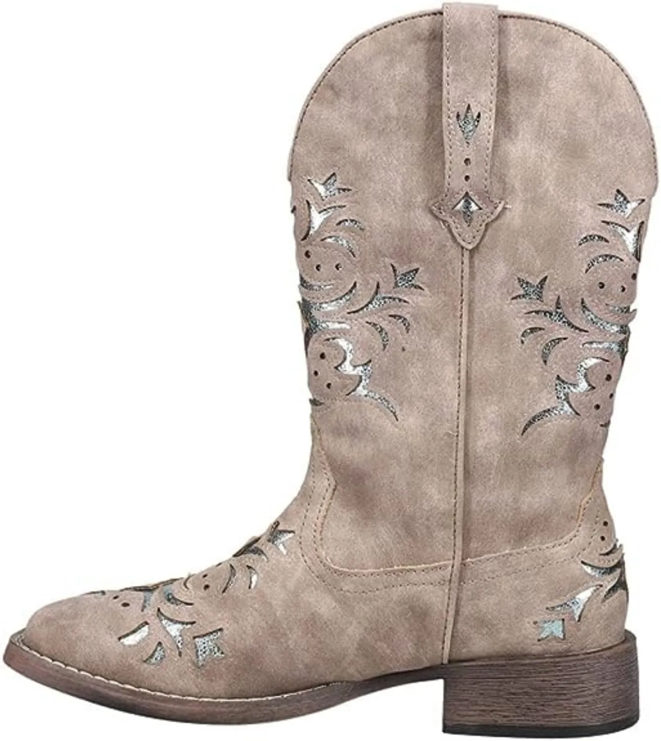 ROPER Womens Kennedy Glitter Tooled Inlay Square Toe Pull On Casual Boots Mid Calf Low Heel 1-2" - Brown