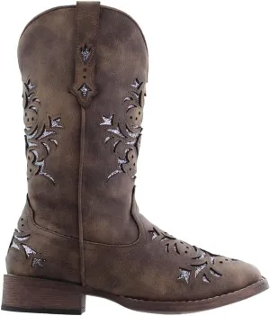 ROPER Womens Kennedy Glitter Tooled Inlay Square Toe Pull On Casual Boots Mid Calf Low Heel 1-2" - Brown
