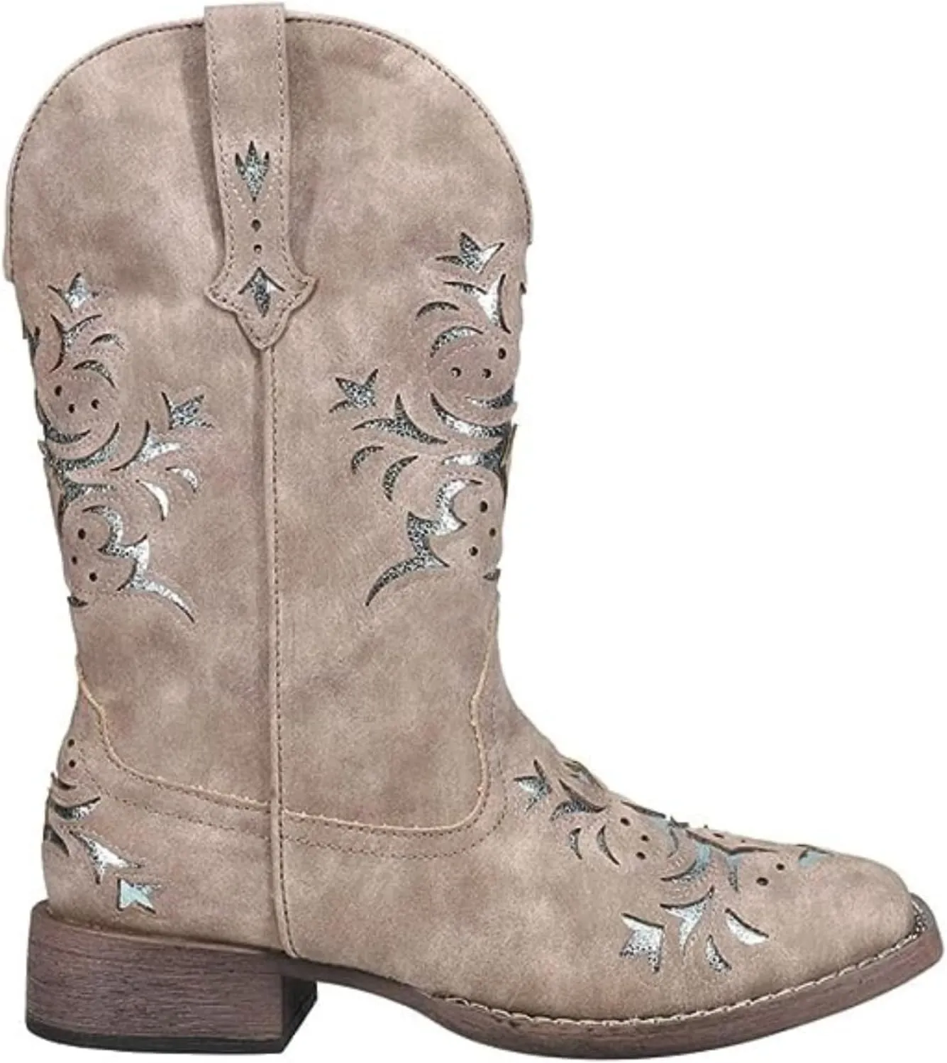 ROPER Womens Kennedy Glitter Tooled Inlay Square Toe Pull On Casual Boots Mid Calf Low Heel 1-2" - Brown