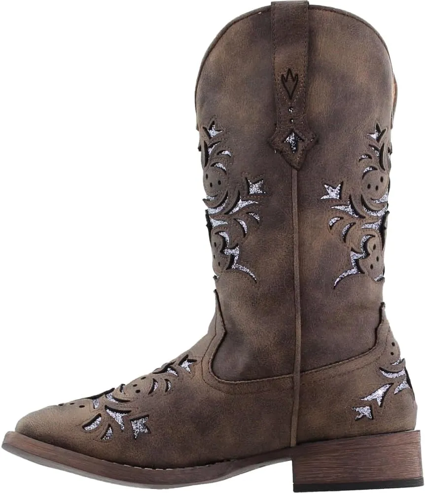 ROPER Womens Kennedy Glitter Tooled Inlay Square Toe Pull On Casual Boots Mid Calf Low Heel 1-2" - Brown