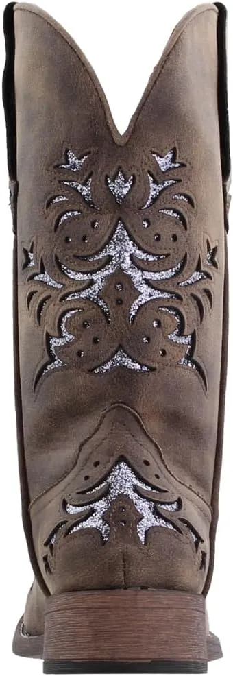 ROPER Womens Kennedy Glitter Tooled Inlay Square Toe Pull On Casual Boots Mid Calf Low Heel 1-2" - Brown