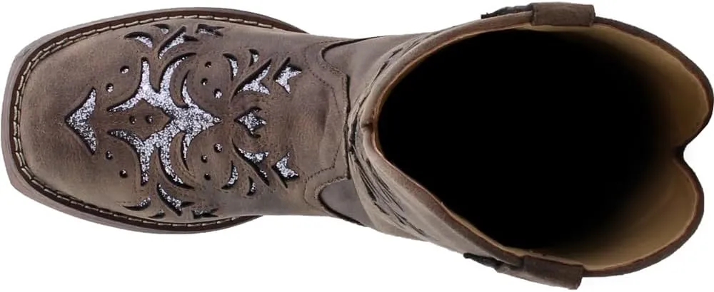 ROPER Womens Kennedy Glitter Tooled Inlay Square Toe Pull On Casual Boots Mid Calf Low Heel 1-2" - Brown