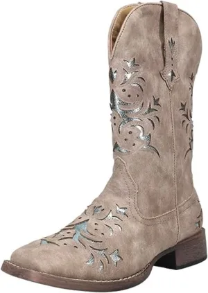 ROPER Womens Kennedy Glitter Tooled Inlay Square Toe Pull On Casual Boots Mid Calf Low Heel 1-2" - Brown