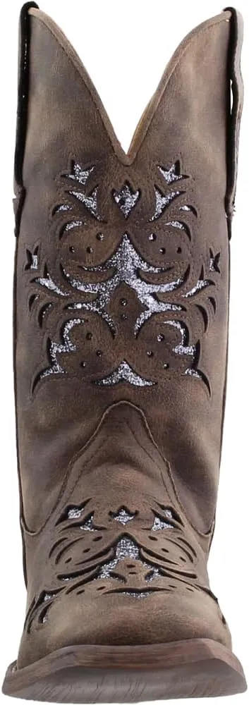 ROPER Womens Kennedy Glitter Tooled Inlay Square Toe Pull On Casual Boots Mid Calf Low Heel 1-2" - Brown