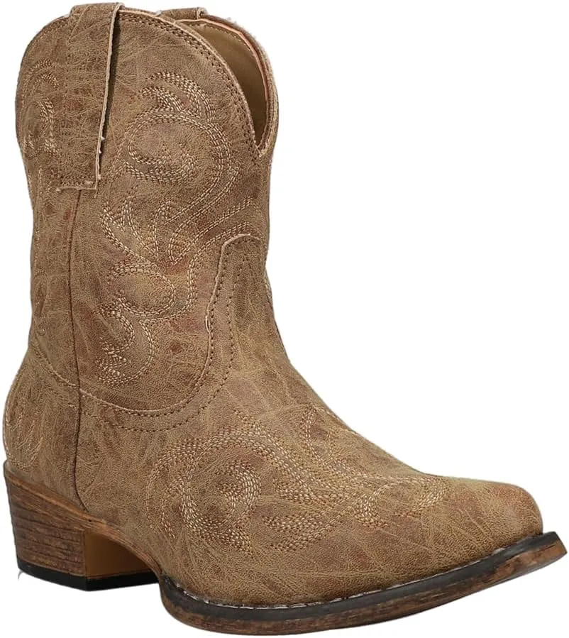 ROPER Womens Riley Shorty Embroidery Snip Toe Casual Boots Ankle Low Heel 1-2" - Brown