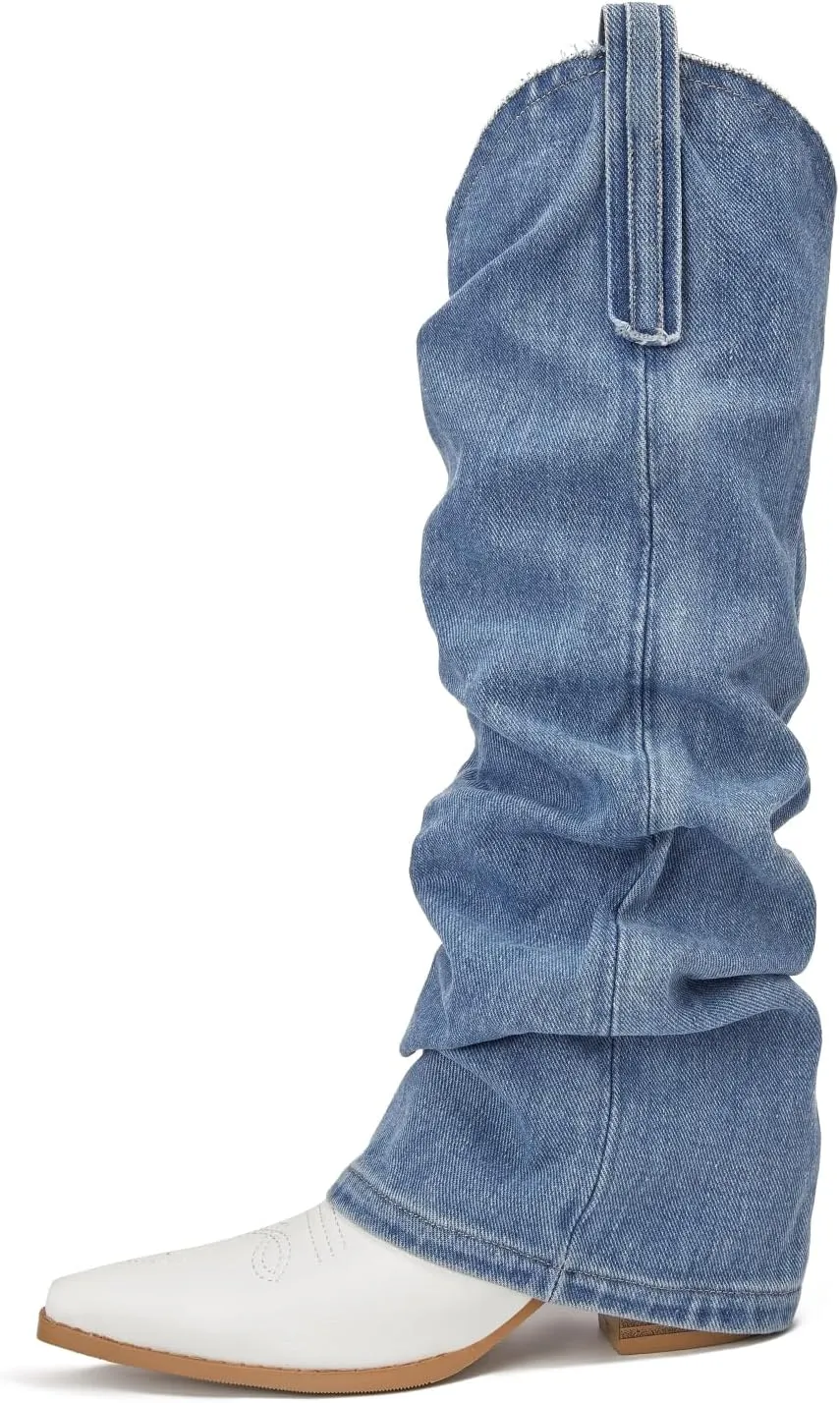 Saint Leia Women's Fashion Pleated Fold Over block heel mid calf boots Casual Ruched Covered Wedge Pointed Toe Knee High Boots