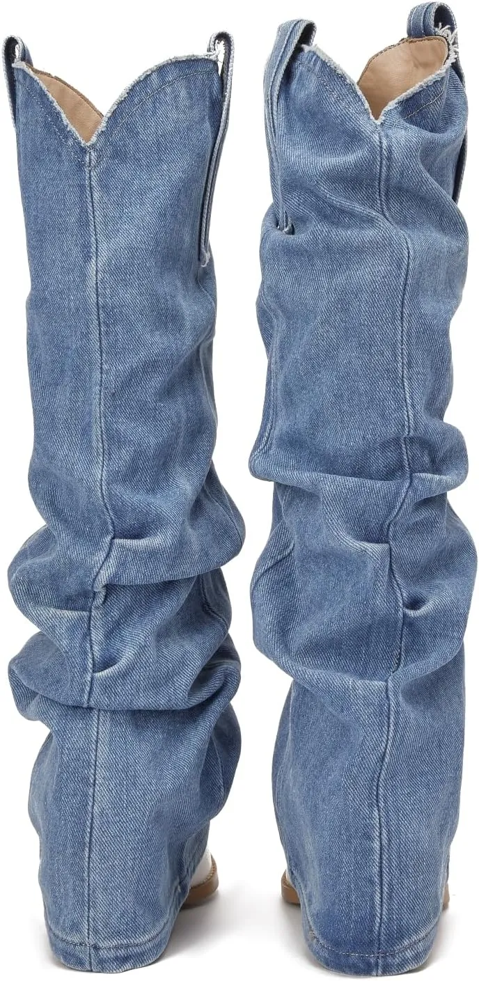 Saint Leia Women's Fashion Pleated Fold Over block heel mid calf boots Casual Ruched Covered Wedge Pointed Toe Knee High Boots