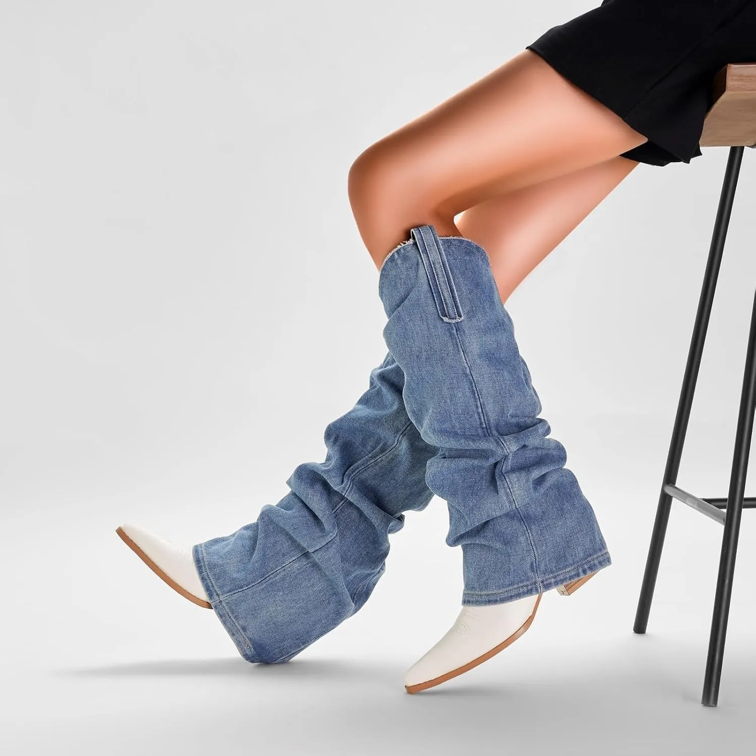 Saint Leia Women's Fashion Pleated Fold Over block heel mid calf boots Casual Ruched Covered Wedge Pointed Toe Knee High Boots