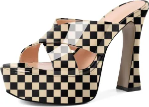 SAMMITOP Women's Platform Chunky Block Heels Sexy Open Square Toe High Heel Sandals Crisscross Slip On Mules Dress Shoes 4.7 Inch