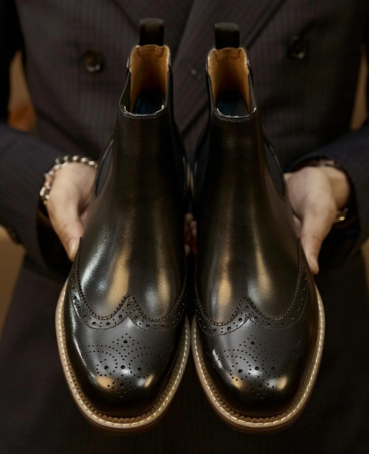 Santimon Chelsea Boots Men Black Dress Casual Genuine Leather Silp On Brogues Boots Fashion Formal Business Ankle Boots for Men