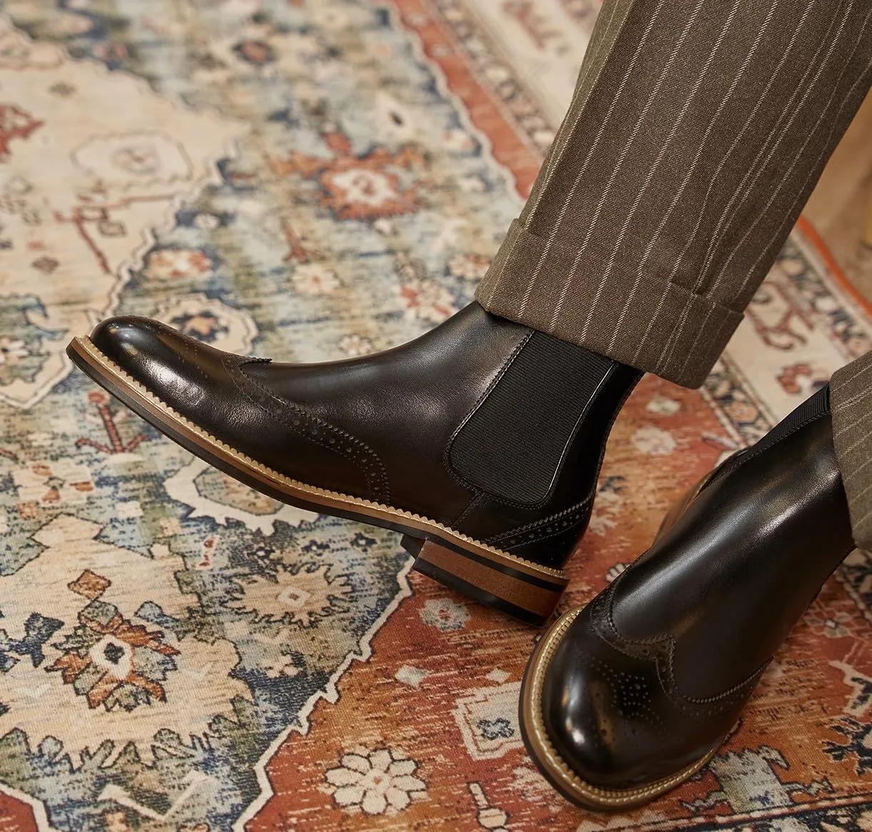 Santimon Chelsea Boots Men Black Dress Casual Genuine Leather Silp On Brogues Boots Fashion Formal Business Ankle Boots for Men