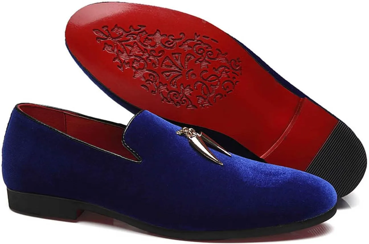 Santimon Loafers Shoes Men Fashion Slip on Metal Fringed Round Toe Velvet Smoking Slipper Moccasins Driving Shoes Black Blue Red