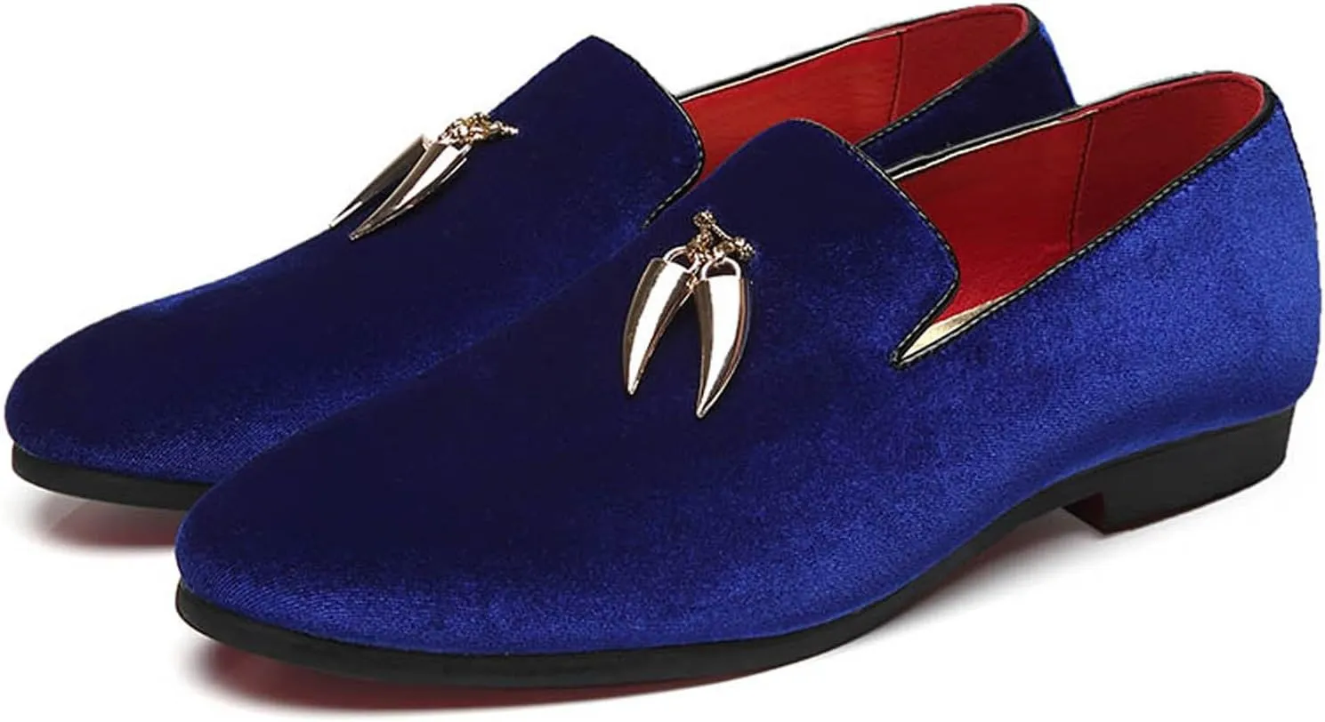 Santimon Loafers Shoes Men Fashion Slip on Metal Fringed Round Toe Velvet Smoking Slipper Moccasins Driving Shoes Black Blue Red